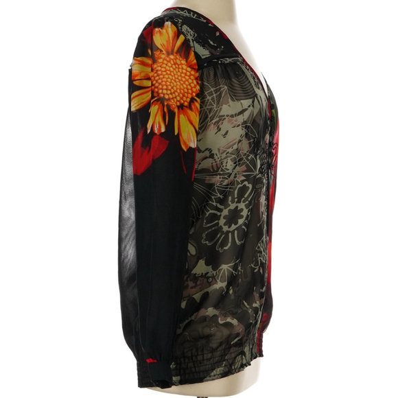 Desigual Black Red Floral Long Sleeve Blouse Women's Small - Picture 3 of 6